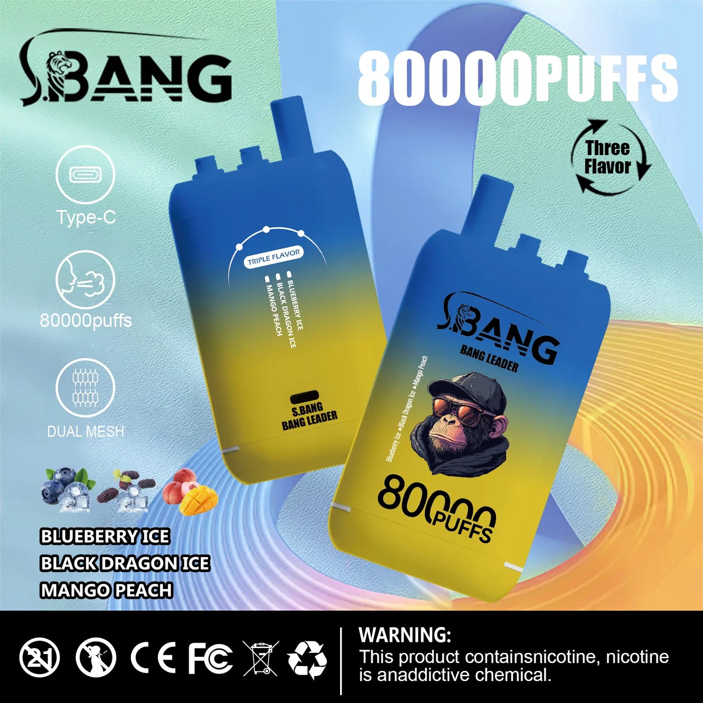 Bang Leader 80000 80K Puffs 3 in 1 Flavors Newest Original Rechargeable Disposable Vape(Box of 3)