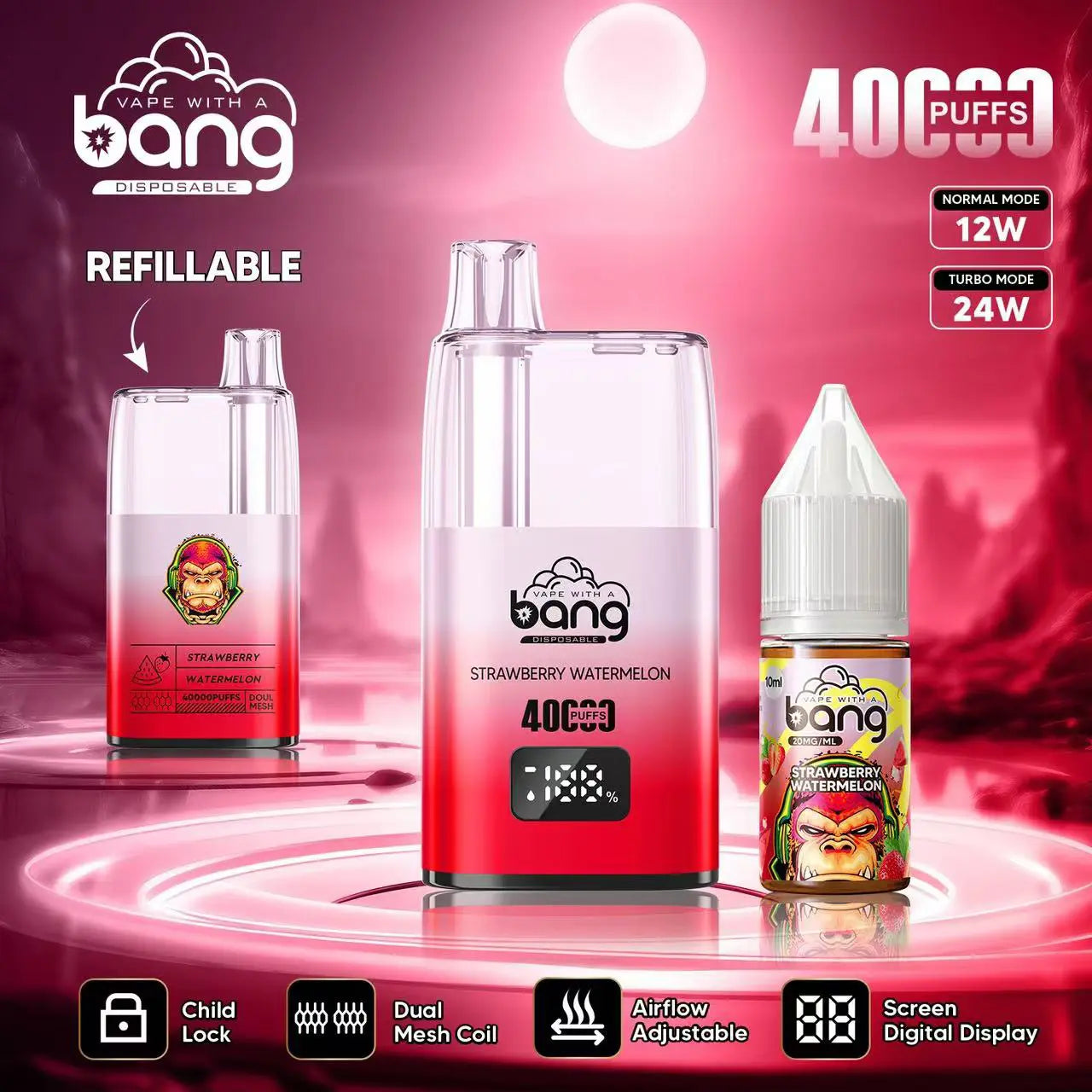 Bang 40000 40K Puffs LED Digital Display Screen Refillable Oil Vape(Box of 3)