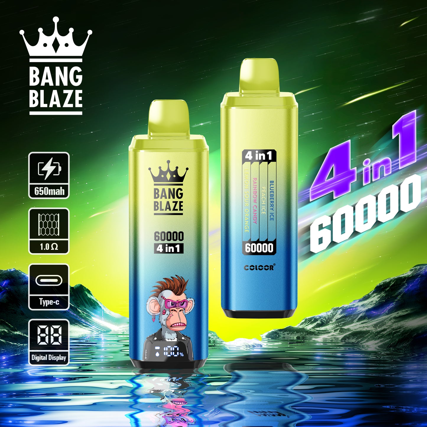 Bang Blaze 60000 60k Puffs 4 in 1 Flavors Newest Original Rechargeable LCD Display