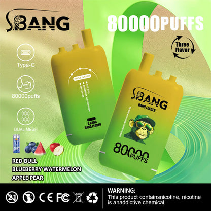 Bang Leader 80000 80K Puffs 3 in 1 Flavors Newest Original Rechargeable Disposable Vape(Box of 3)