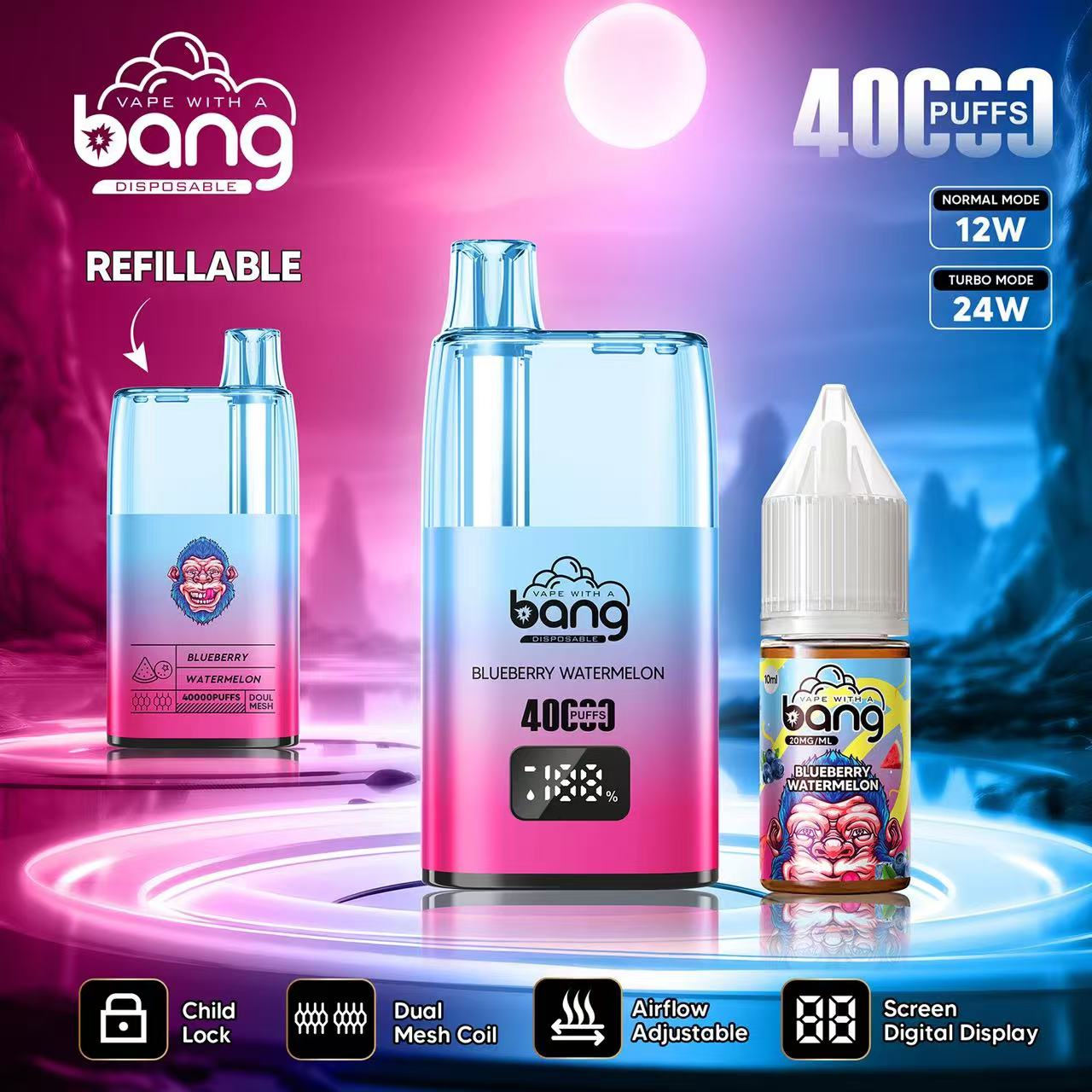 Bang 40000 40K Puffs LED Digital Display Screen Refillable Oil Vape(Box of 3)