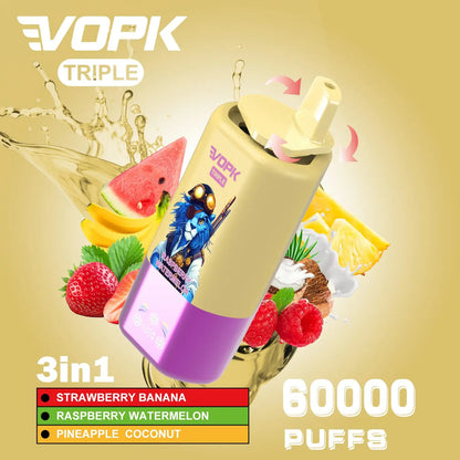 VOPK Triple 60000 60k Puffs 3 in 1 Flavors Newest Original Rechargeable LED Display Disposable Vape(Box of 3)