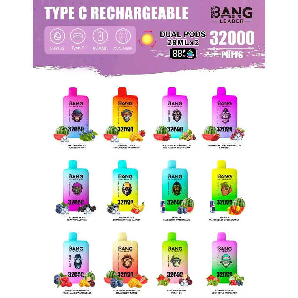 Bang Leader 32000 32k Puffs 0% 2% 3% 5% Nicotine  Double Taste Disposable Vape(Box of 3)