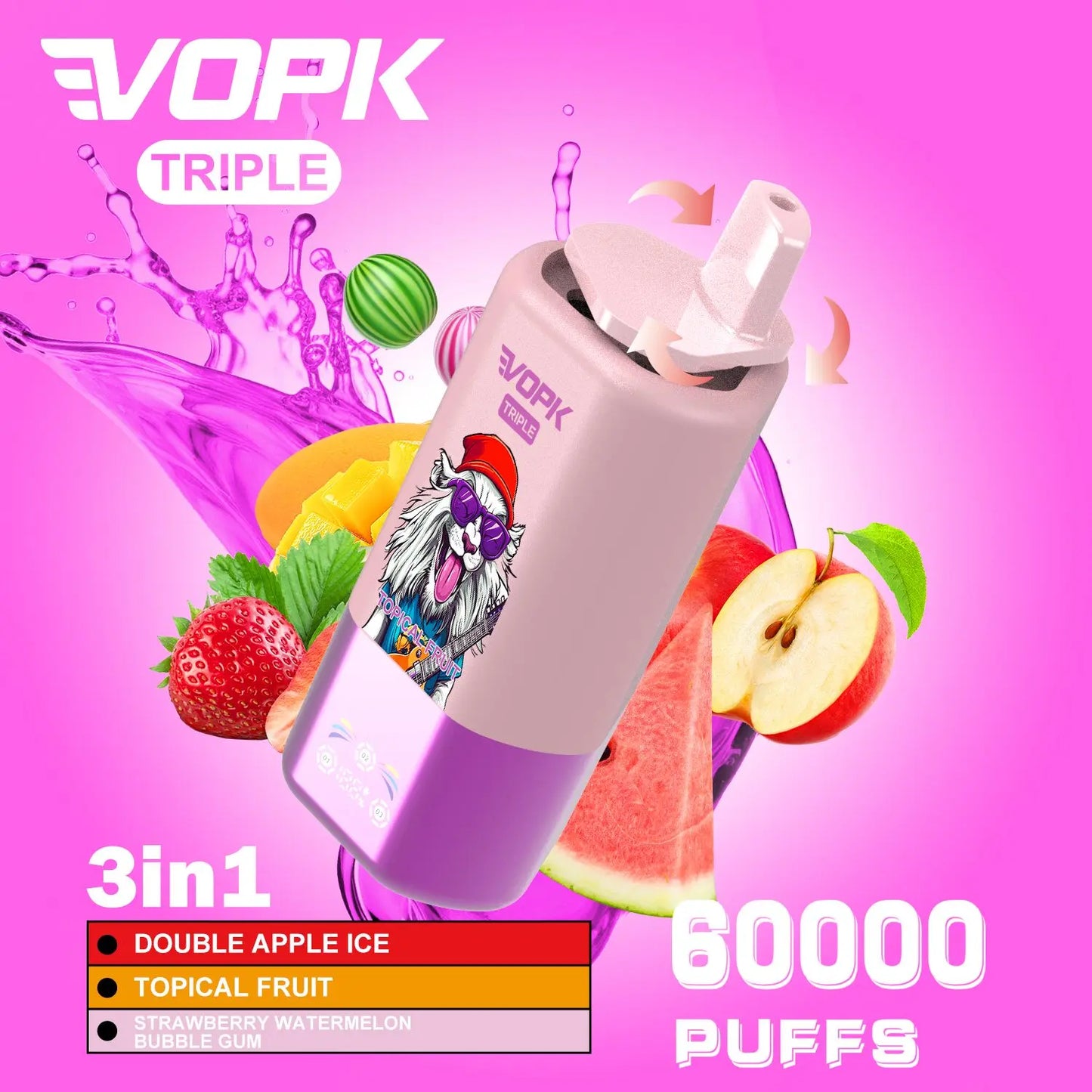 VOPK Triple 60000 60k Puffs 3 in 1 Flavors Newest Original Rechargeable LED Display Disposable Vape(Box of 3)