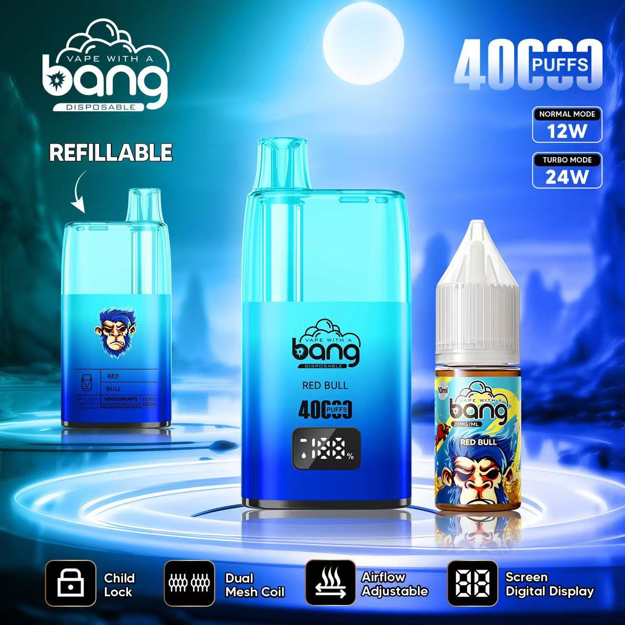 Bang 40000 40K Puffs LED Digital Display Screen Refillable Oil Vape(Box of 3)