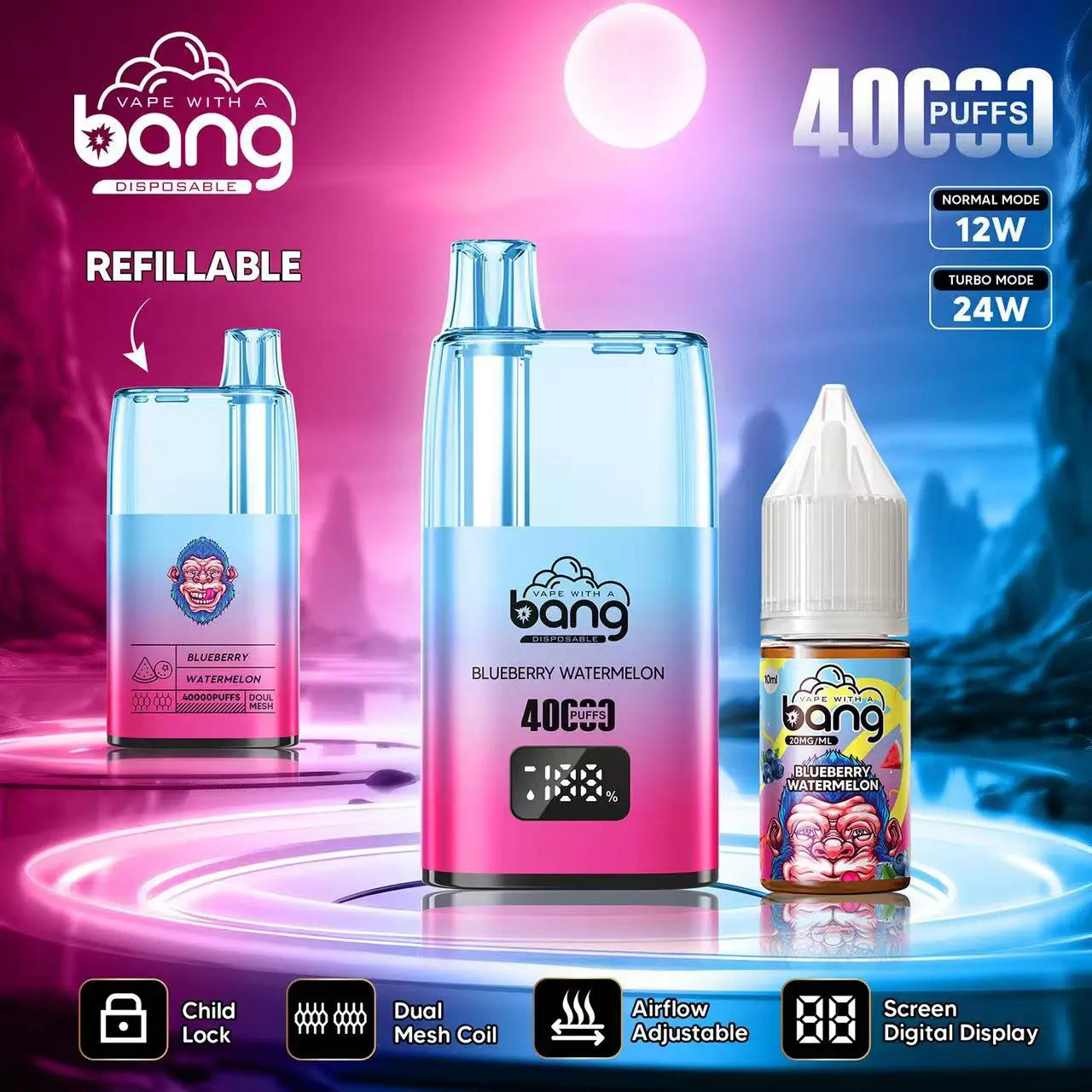Bang 40000 40K Puffs LED Digital Display Screen Refillable Oil Vape(Box of 3)