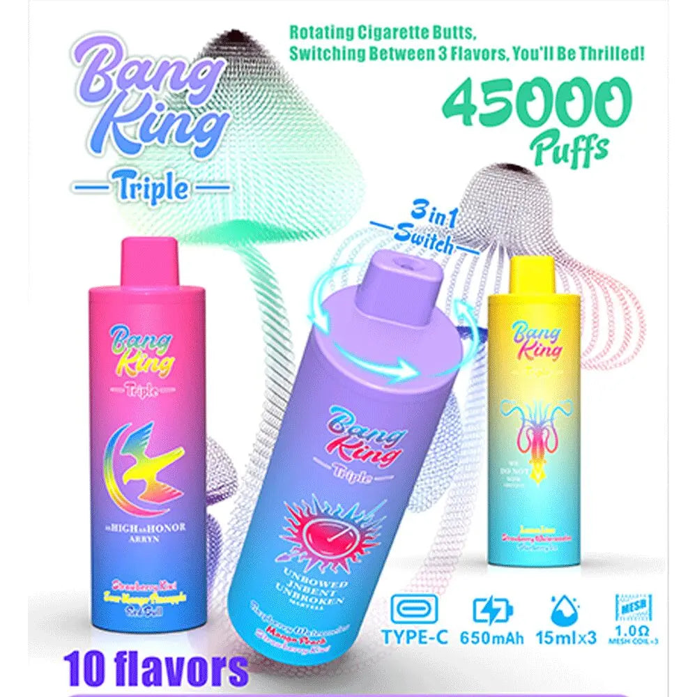 Bang King Triple 45000 45K Puffs Vape 3 in 1 Flavors Newest Original Rechargeable Disposable Vape(Box of 3)