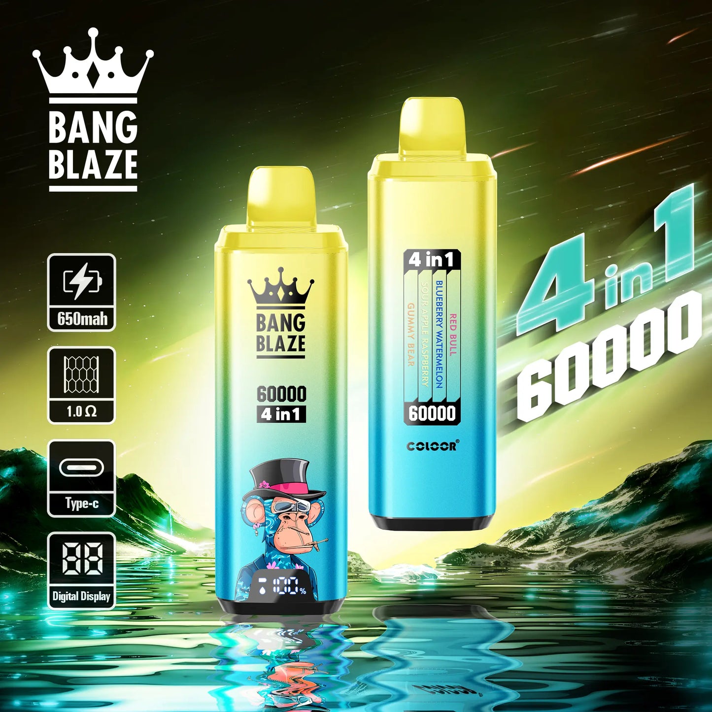 Bang Blaze 60000 60k Puffs 4 in 1 Flavors Newest Original Rechargeable LCD Display