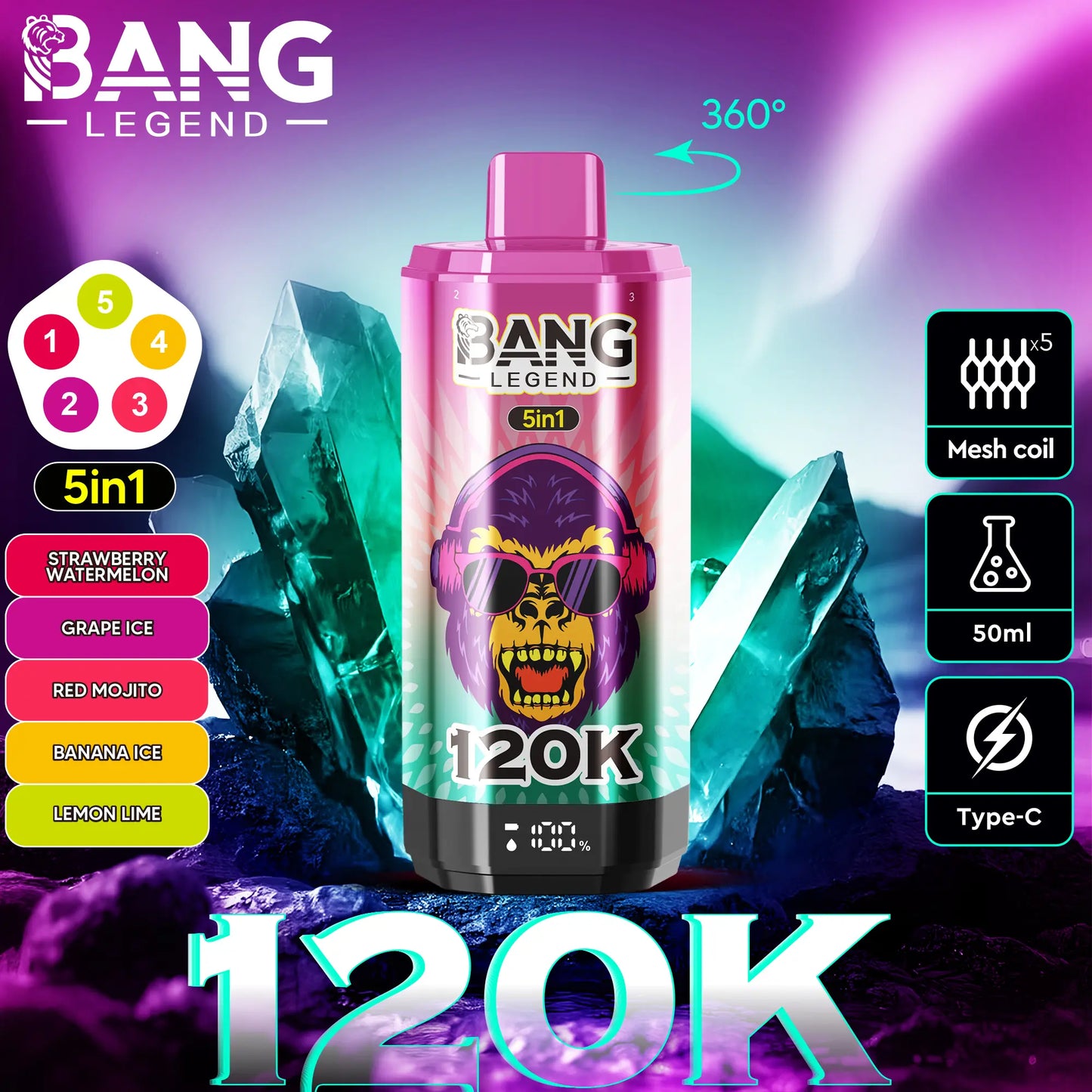 【New Arrive】Bang Legend 120000 120K Puffs 5 in 1 Flavors Newest Original Rechargeable LCD Display