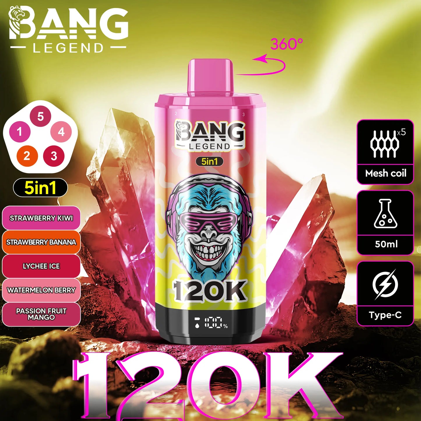 【New Arrive】Bang Legend 120000 120K Puffs 5 in 1 Flavors Newest Original Rechargeable LCD Display