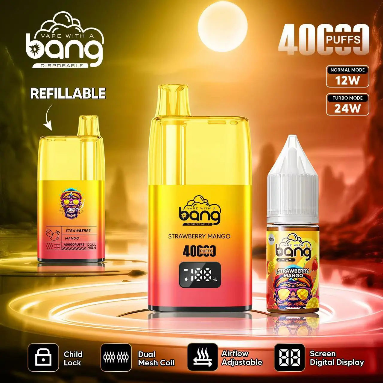Bang 40000 40K Puffs LED Digital Display Screen Refillable Oil Vape(Box of 3)