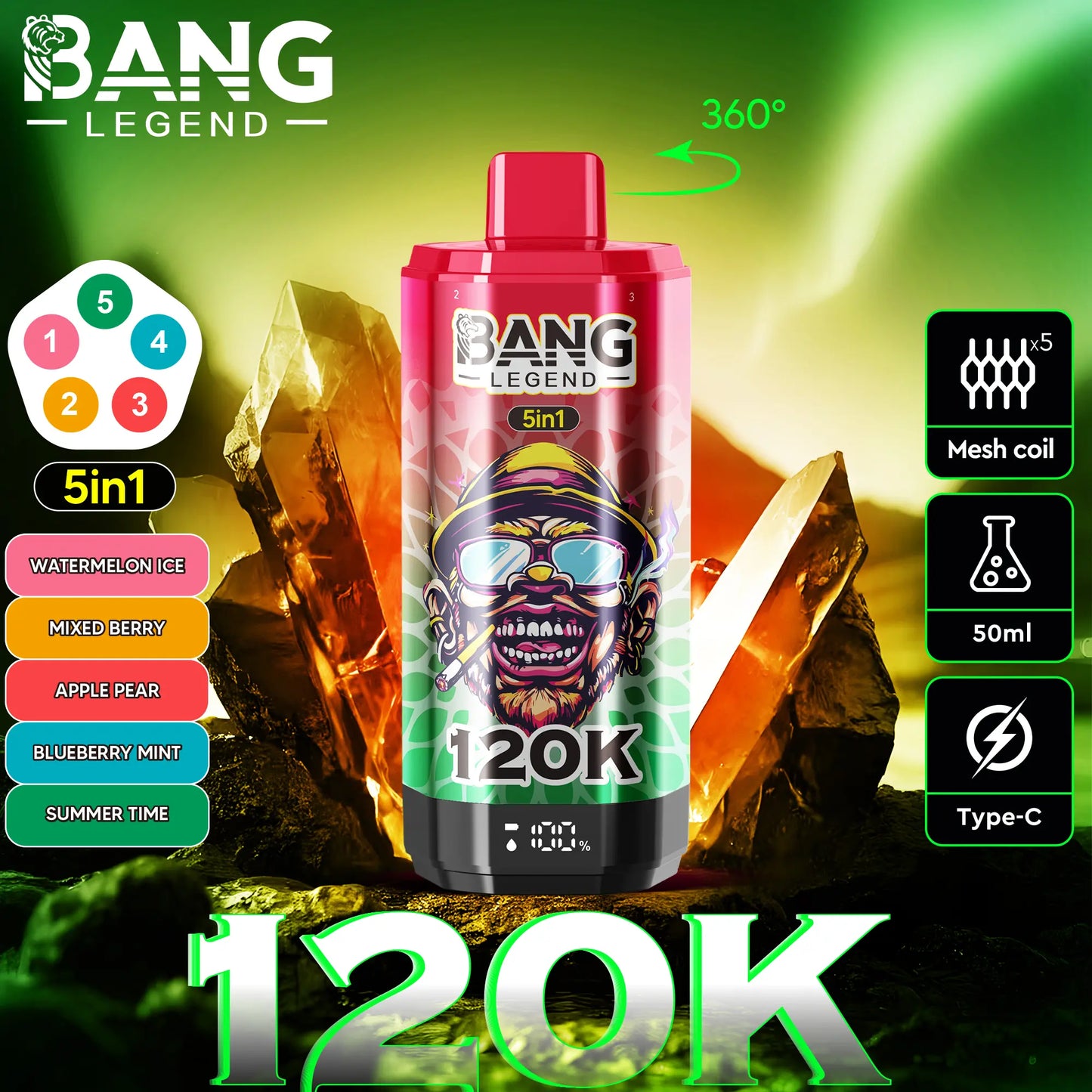【New Arrive】Bang Legend 120000 120K Puffs 5 in 1 Flavors Newest Original Rechargeable LCD Display