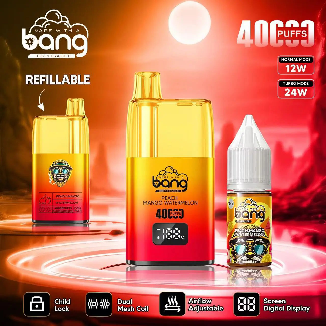 Bang 40000 40K Puffs LED Digital Display Screen Refillable Oil Vape(Box of 3)