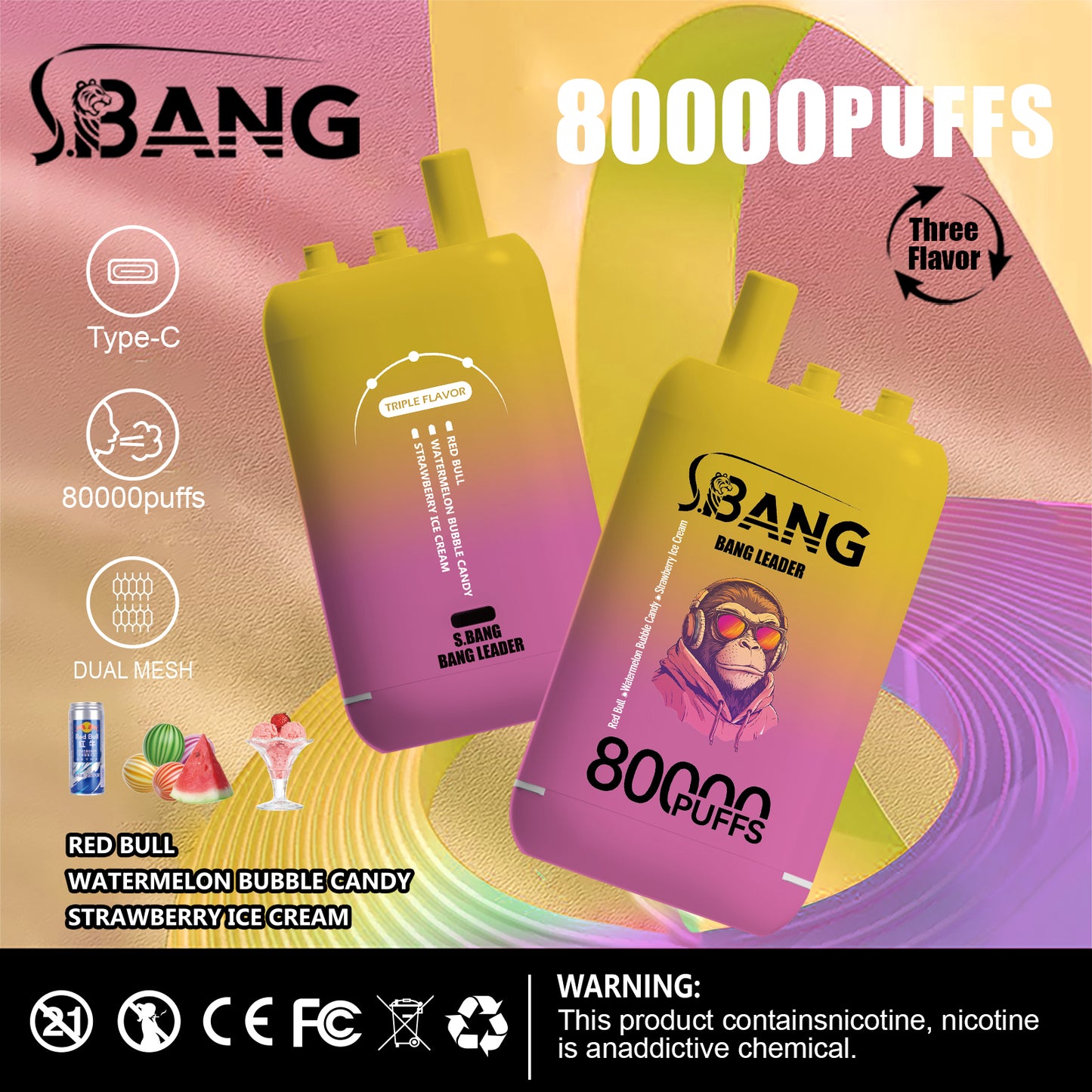 Bang Leader 80000 80K Puffs 3 in 1 Flavors Newest Original Rechargeable Disposable Vape(Box of 3)