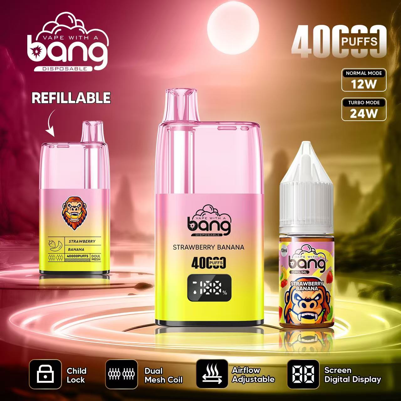 Bang 40000 40K Puffs LED Digital Display Screen Refillable Oil Vape(Box of 3)
