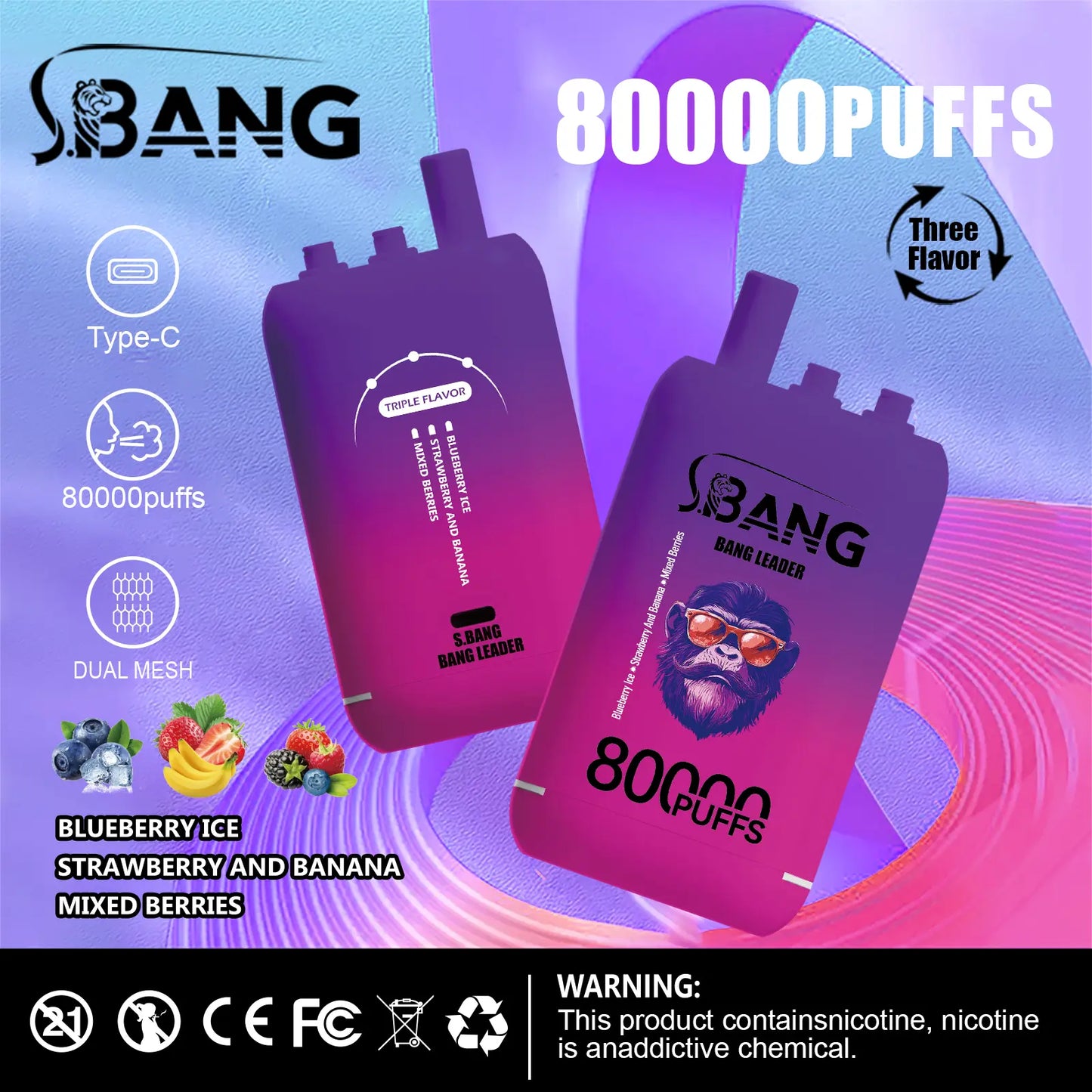 Bang Leader 80000 80K Puffs 3 in 1 Flavors Newest Original Rechargeable Disposable Vape(Box of 3)