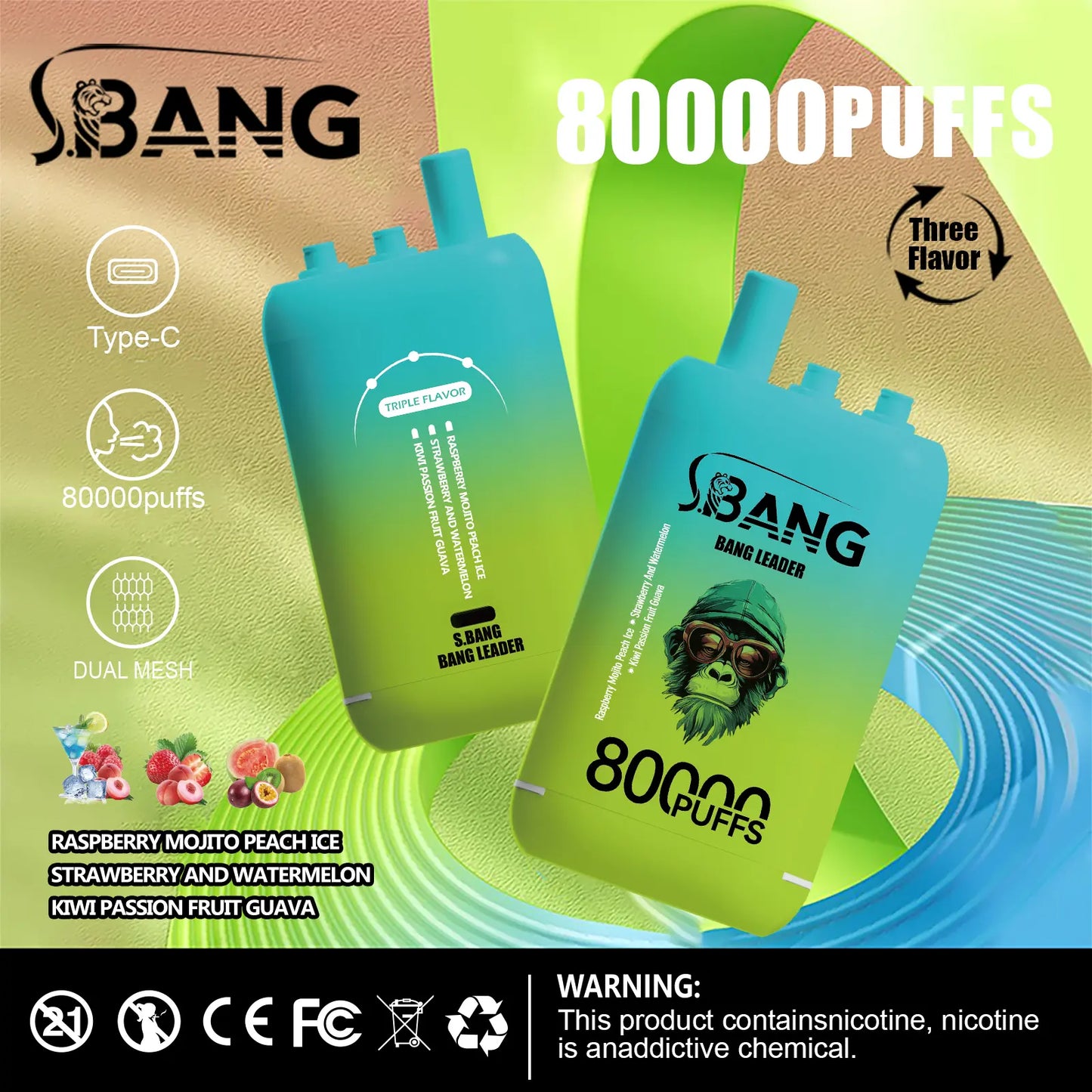 Bang Leader 80000 80K Puffs 3 in 1 Flavors Newest Original Rechargeable Disposable Vape(Box of 3)