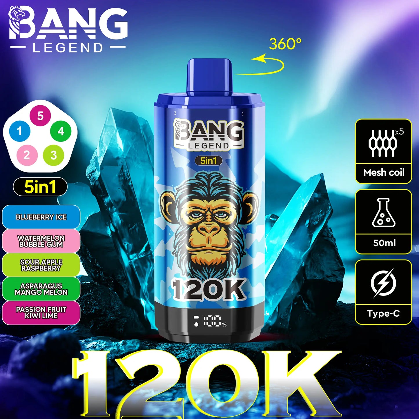 【New Arrive】Bang Legend 120000 120K Puffs 5 in 1 Flavors Newest Original Rechargeable LCD Display