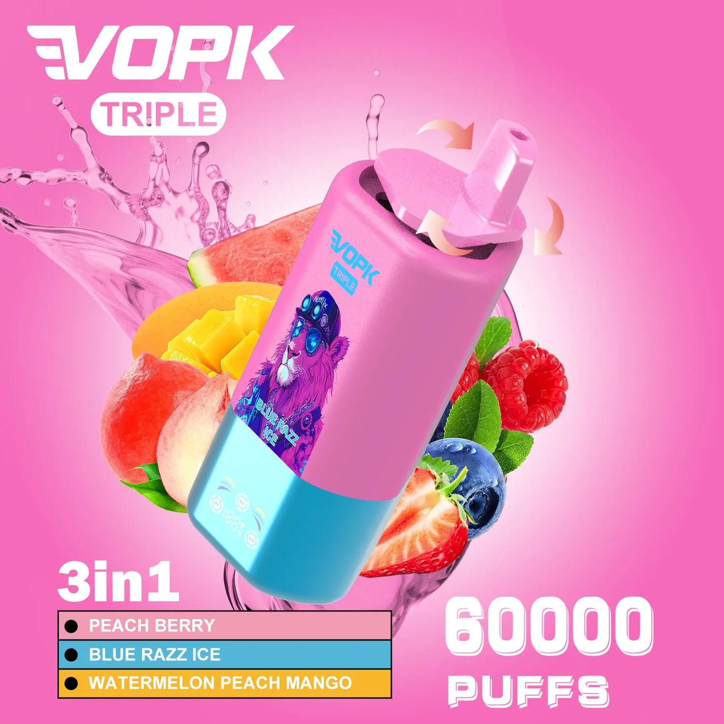 VOPK Triple 60000 60k Puffs 3 in 1 Flavors Newest Original Rechargeable LED Display Disposable Vape(Box of 3)