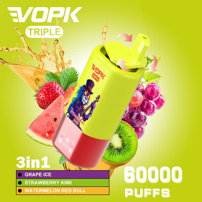 VOPK Triple 60000 60k Puffs 3 in 1 Flavors Newest Original Rechargeable LED Display Disposable Vape(Box of 3)