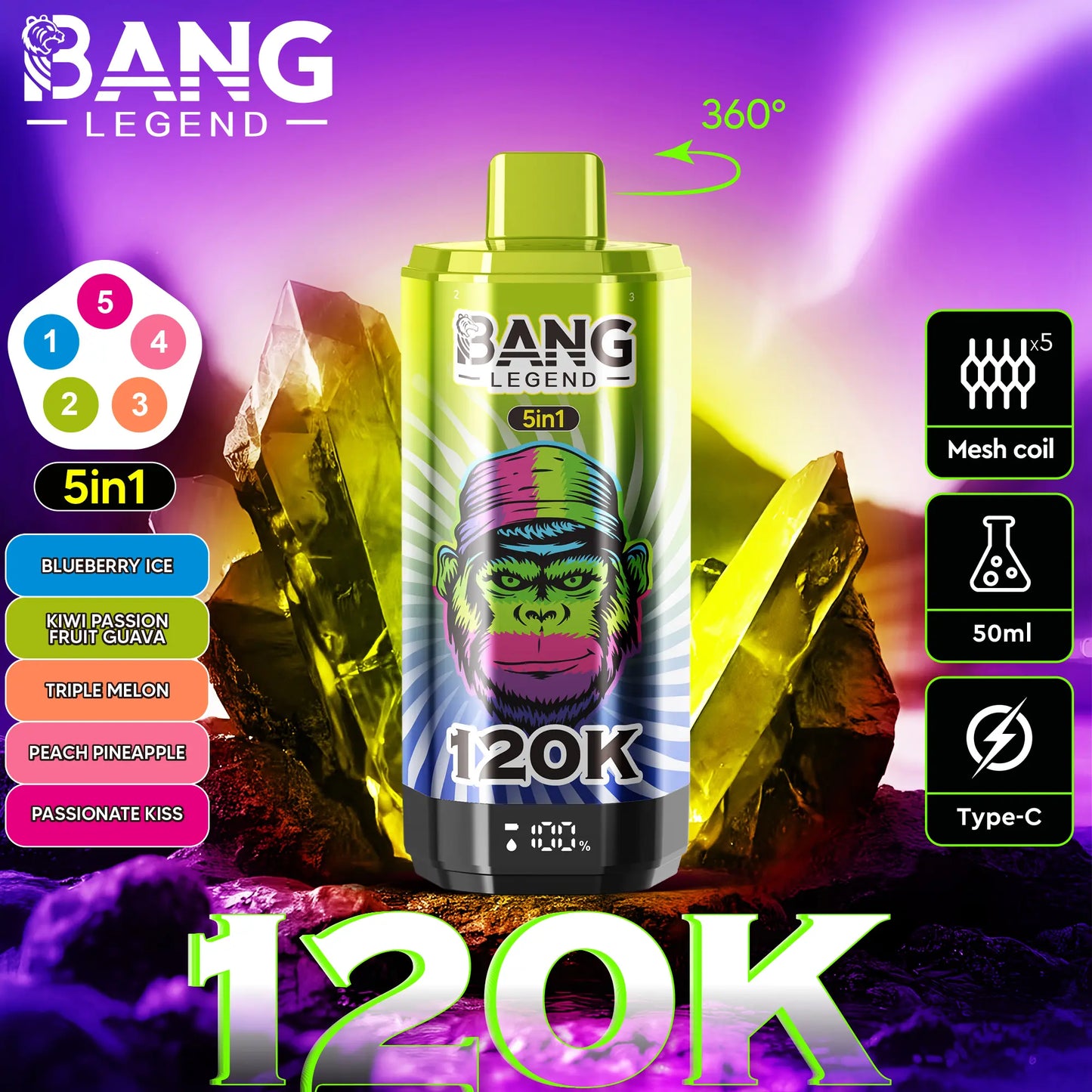【New Arrive】Bang Legend 120000 120K Puffs 5 in 1 Flavors Newest Original Rechargeable LCD Display