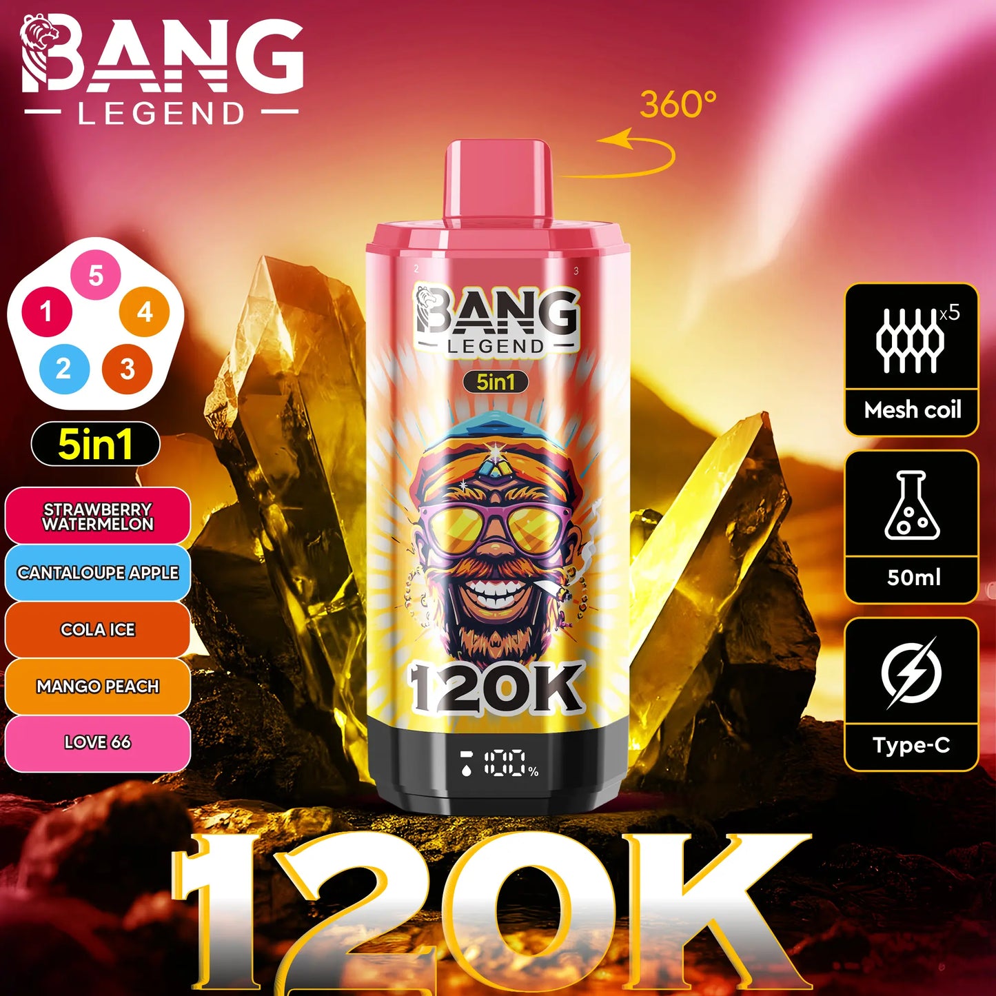 【New Arrive】Bang Legend 120000 120K Puffs 5 in 1 Flavors Newest Original Rechargeable LCD Display