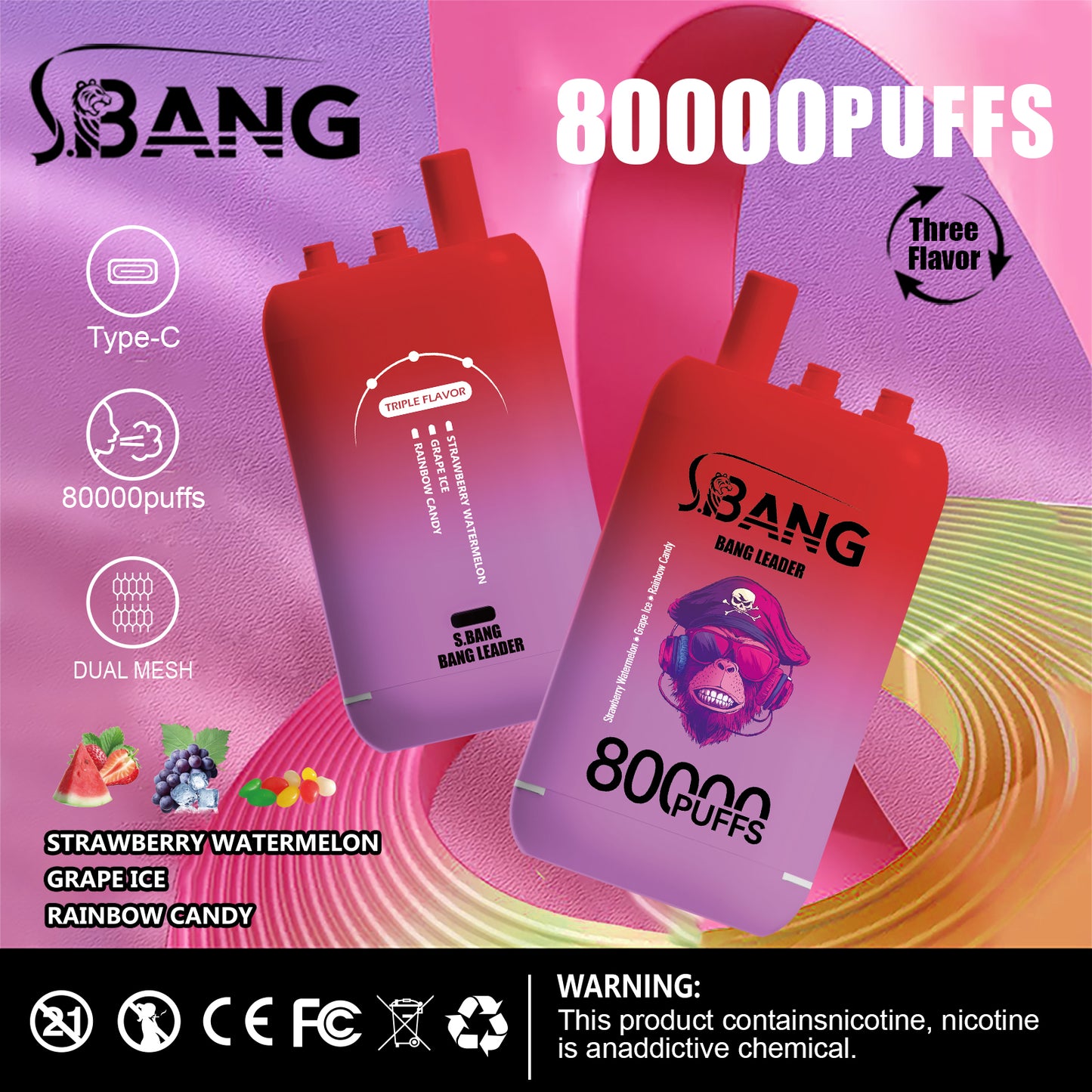 Bang Leader 80000 80K Puffs 3 in 1 Flavors Newest Original Rechargeable Disposable Vape(Box of 3)