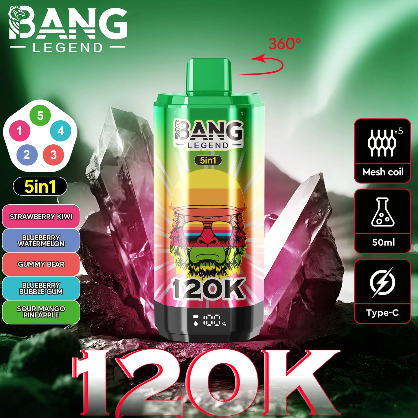 【New Arrive】Bang Legend 120000 120K Puffs 5 in 1 Flavors Newest Original Rechargeable LCD Display