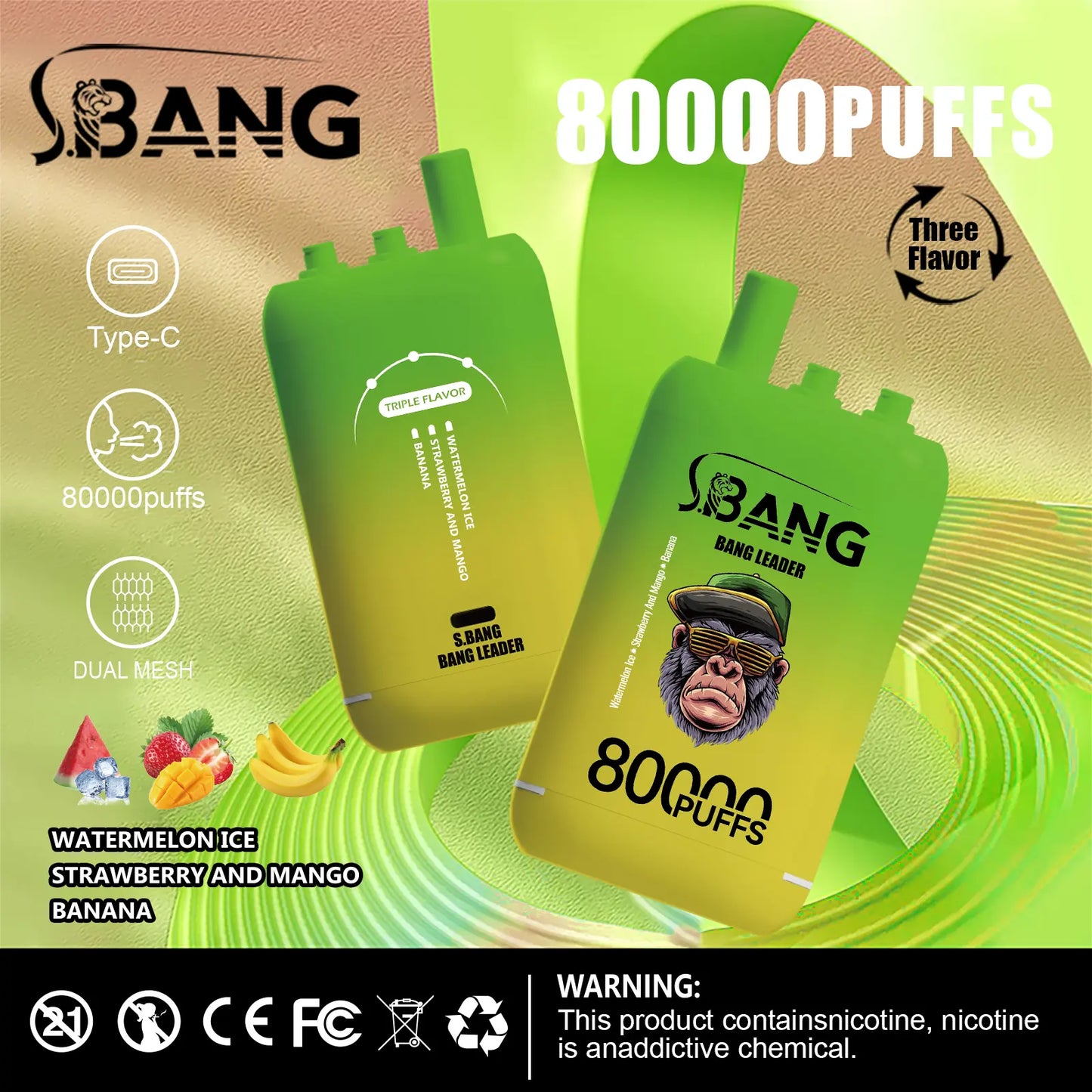 Bang Leader 80000 80K Puffs 3 in 1 Flavors Newest Original Rechargeable Disposable Vape(Box of 3)