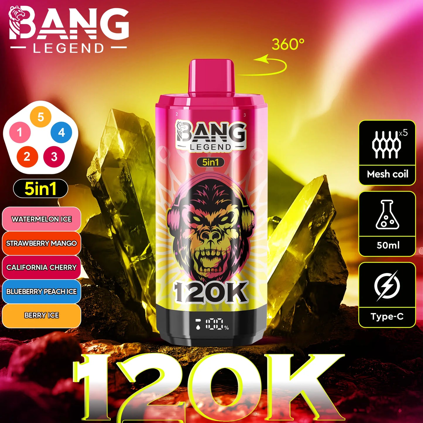 【New Arrive】Bang Legend 120000 120K Puffs 5 in 1 Flavors Newest Original Rechargeable LCD Display